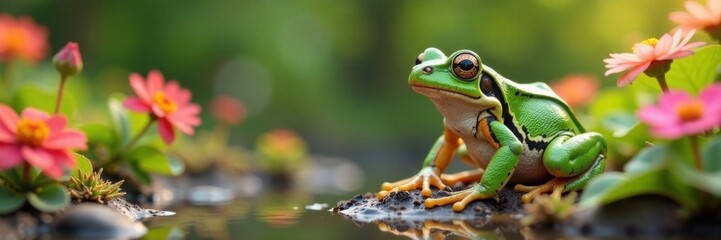 Fototapeta premium Frog in a garden surrounded by flowers, flowers, pond, greenery