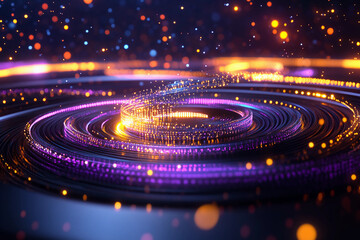 Quantum communication network with quantum bits transferring encrypted data between quantum nodes, illuminated by light trails on a dark grid