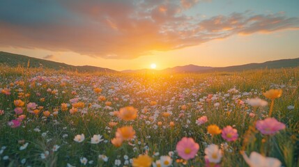 Fototapeta premium Sunset wildflowers meadow landscape, scenic beauty, vibrant colors
