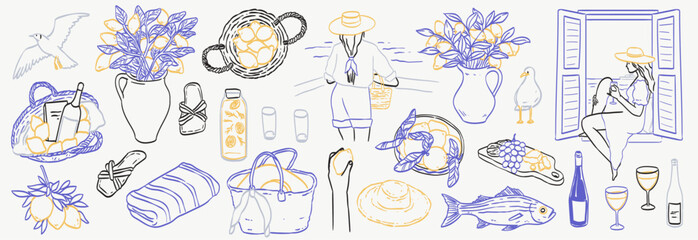 Italian amalfi summer vacation with lemons doodle style illustration set. Vector ink hand drawn Italy coast sea or beach elements. Sea weekend collection for beach party, picnic, wedding invitations.