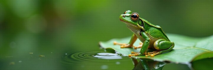 Naklejka premium Frog jumping out of the water onto a leaf or branch , leaves, leap, outdoor