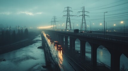 Rainy night highway bridge traffic, power lines, foggy river background, transportation