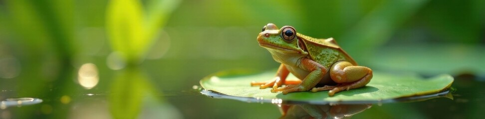Fototapeta premium Frog perched on a lily pad in the morning dew, pond, reflection, calm