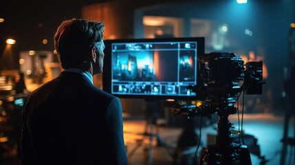Director reviewing footage, studio, nighttime shoot, broadcast