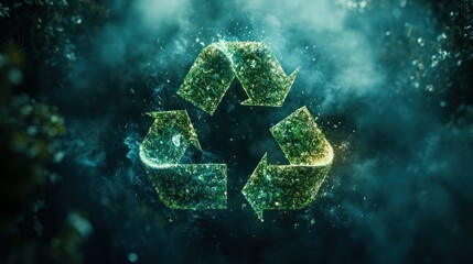 Green recycle symbol, nature background, environmental campaign