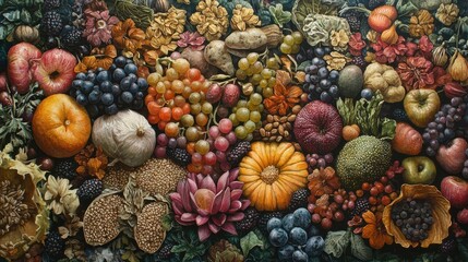 Vibrant Tapestry of Fresh Fruits and Colorful Vegetables Showcasing Natural Beauty and Abundance in an Artistic Display of Nature's Bounty
