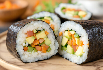 Vegan sushi with vegetables and avocado and carrot