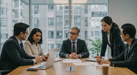 An intern receiving guidance from a senior employee in a corporate office setting, featuring two or three colleagues, Professional attire, casual atmosphere, natural expressions, Office lighting,