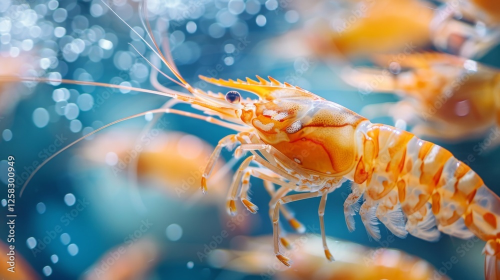 Poster brightly colored shrimp move gracefully through clear water, showcasing their unique patterns and te