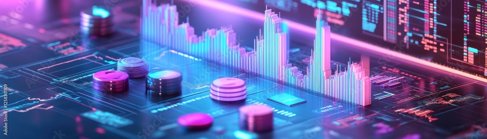 Poster a vibrant digital interface displaying financial data with colorful graphs and buttons, suggesting a