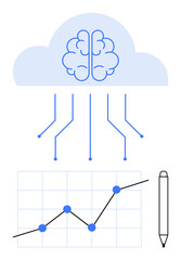 Brain inside a cloud with connecting lines, a trend graph, and a pen symbolizing AI, data visualization, and innovation. Ideal for technology, AI, analytics, learning research futurism abstract