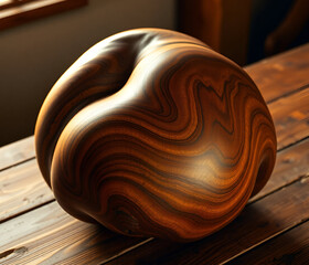A 3D blob carved out of rich, dark wood, with intricate grain patterns and smooth, polished curves. It rests on a rustic table, surrounded by earthy tones and a soft, warm light 