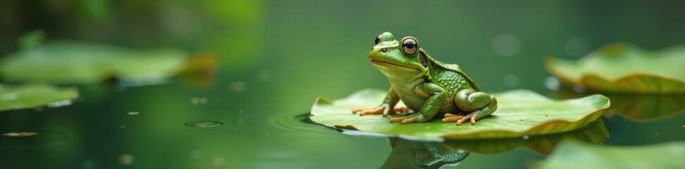 Fototapeta premium Froggy sitting on a lily pad in a serene lake, green, frog, pond