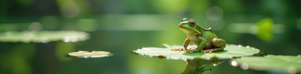 Froggy sitting on a lily pad in a serene lake, water, nature