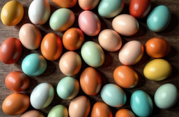 painted Easter eggs on the table. top view. holiday background