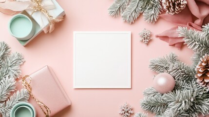 Obraz premium Blank card mockup surrounded by pastel pink Christmas decor.