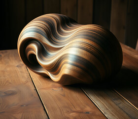 A 3D blob carved out of rich, dark wood, with intricate grain patterns and smooth, polished curves. It rests on a rustic table, surrounded by earthy tones and a soft, warm light 
