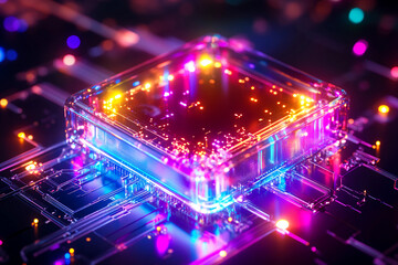 Fototapeta premium Quantum expansion card with transparent casing displaying a detailed quantum processor, quantum gates, and interconnected wires in a futuristic technology setting