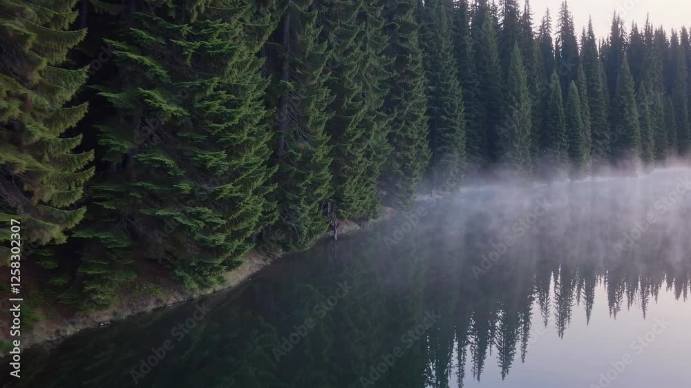 Poster Morning fog blankets a serene lake surrounded by towering pine trees in a tranquil forest setting