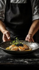 Culinary artistry shines in a dimly lit kitchen with seared scallops and yuzu beurre blanc presentation