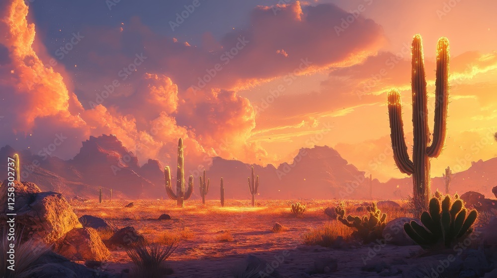 Wall mural Majestic Desert Sunset With Golden Cacti And Mountains