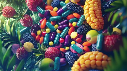 Vibrant assortment of natural multivitamin capsules and colorful fruits on lush green leaves for health and wellness themes