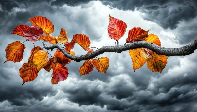 An artistic depiction of a tree with exaggeratedly vivid autumn colors, almost glowing against a dark stormy sky