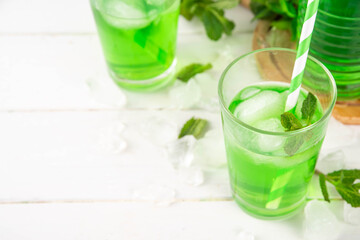 Middle Wastern limonana cocktail, mint liqueur lemonade, Lebanese mint lemonade drink, with crushed...