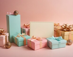 A collection of beautifully wrapped gifts in pastel colors with decorative bows on a soft pink...