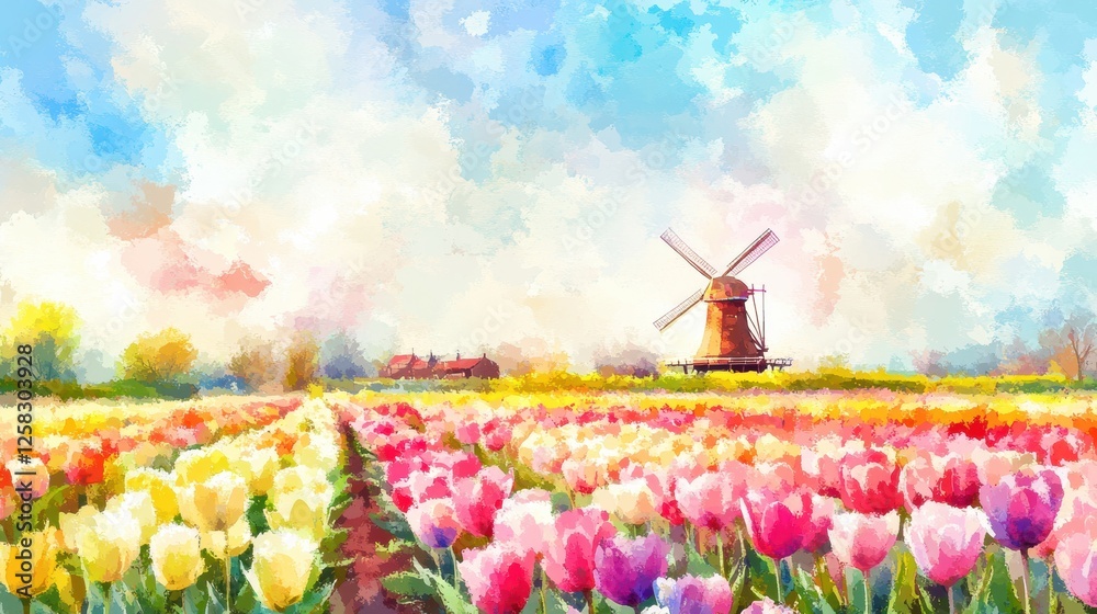 Poster vibrant tulip fields with a windmill under a clear spring sky in a picturesque landscape. generative