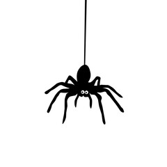 Black cartoon spider hanging on a thread, simple and cute design isolated