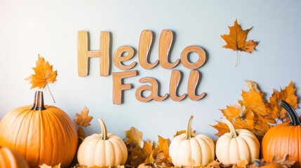 A picturesque fall-themed setup featuring "Hello Fall" in an elegant serif font, placed among pumpkins and autumn leaves