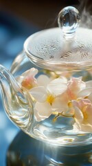 Floral tea blooms gracefully in a glass teapot with petals floating gently on the surface