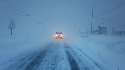 Truck driving through a heavy snowstorm on a desolate rural road with poor visibility