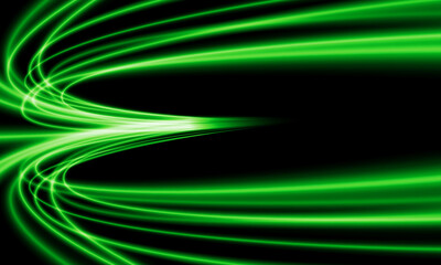 Abstract green light fast speed curve dynamic motion on black background vector