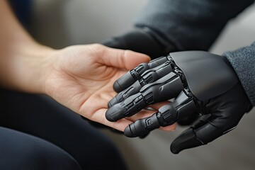 a bionic prosthetic hand gently holding a human hand