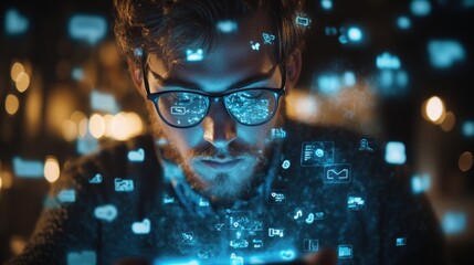 Man uses phone, social media icons, night city bokeh