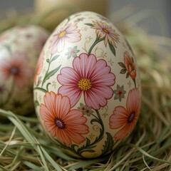 A close-up of an intricately designed egg lying in a natural setting