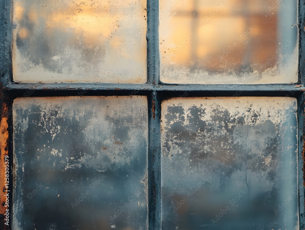 Poster old window with frost and light creating an abstract pattern of texture and color