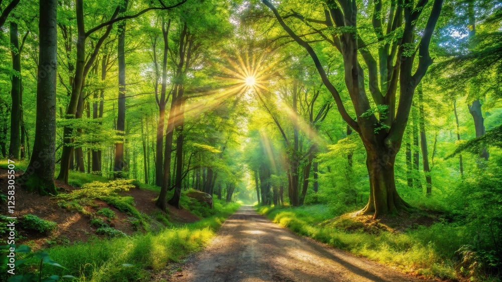 Poster Sunbeams Illuminating a Serene Forest Path at Dawn