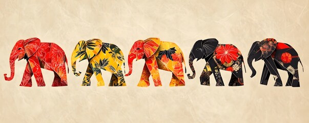  Colorful five Elephants Silhouettes with  traditional folk patterns in red, yellow, and black Floral Patterns on Textured Background. heritage, wisdom, and artistic craftsmanship.