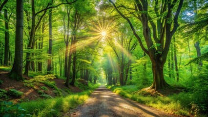 Fototapeta premium Sunbeams Illuminating a Serene Forest Path at Dawn