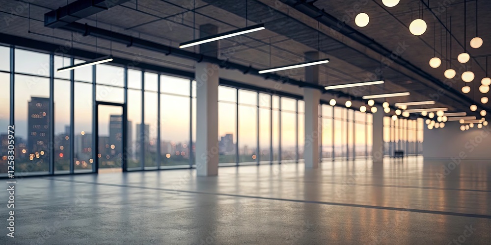 Poster a large open office space with a view of the city
