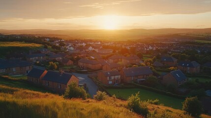 Sunset over hilltop village, aerial view, housing estate, golden hour