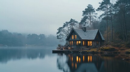 Lakeside cabin glows at twilight, misty forest background, serene escape