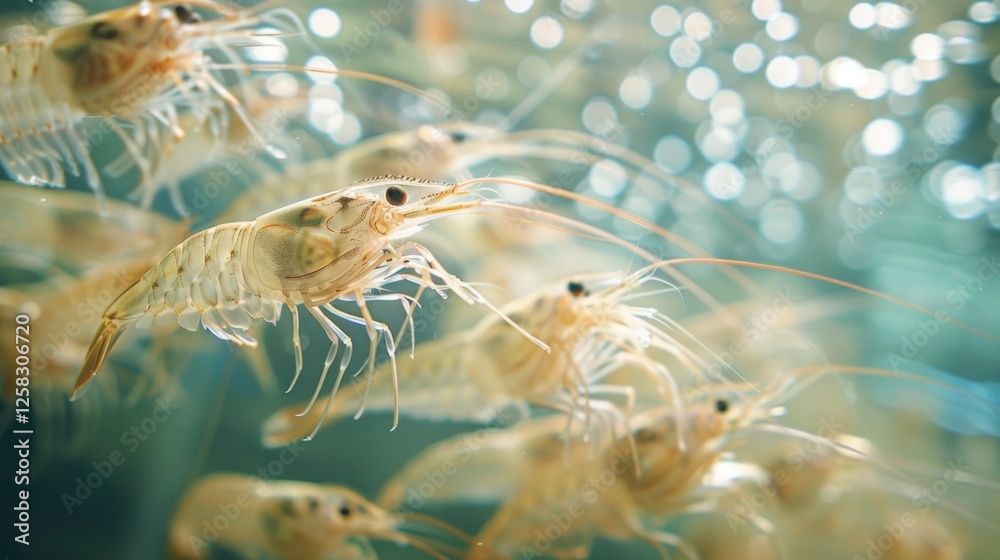 Poster A group of shrimps move elegantly through a clear body of water, their translucent bodies catching the light and creating mesmerizing patterns as they navigate their surroundings.