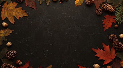 A warm autumn-themed composition featuring vibrant fallen leaves, acorns, and pine cones forming a delicate corner border on a textured dark background