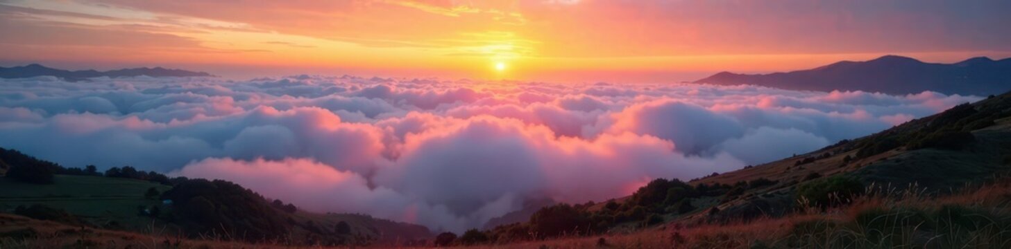 Dense fog rolling in over the C?te dAzur at sunrise, sun, landscape photography, Corse