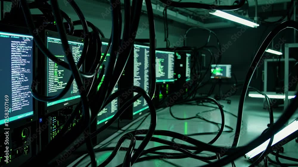 Leinwandbilder exploring a high-tech server room filled with buzzing computers and tangled cables at night