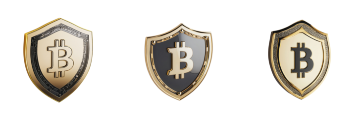 Unique Decorative Emblems with Bitcoin Symbols and Shields Design on a Transparent Background